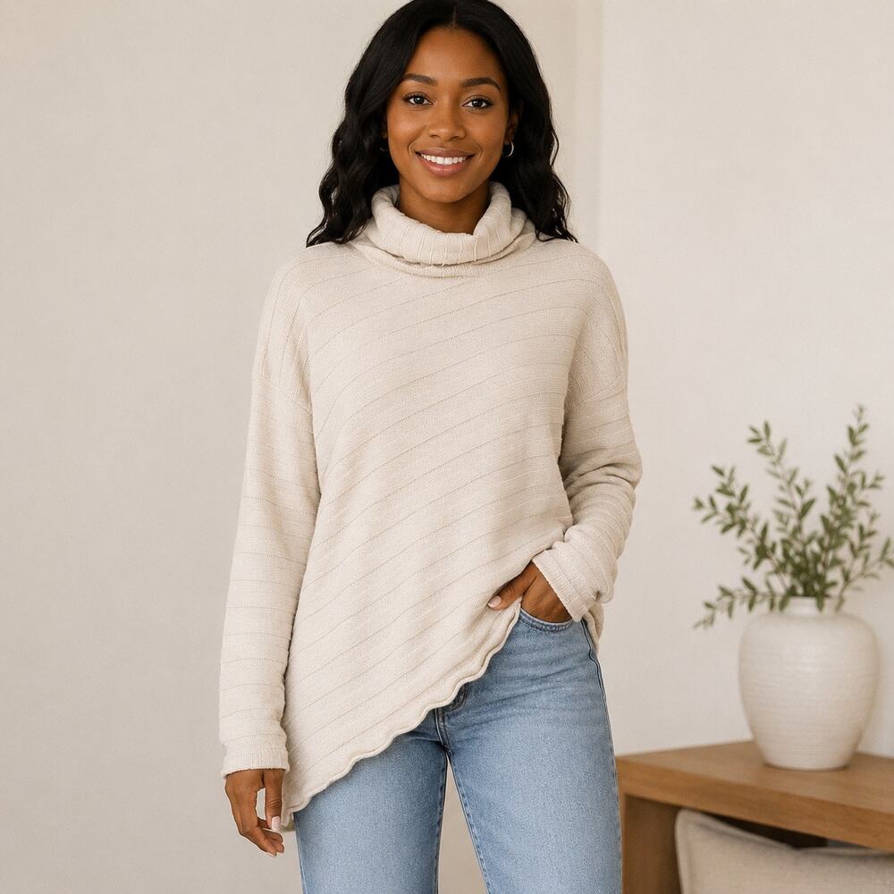 Free People Asymmetrical Lagenlook Boho Cream Chunky Turtleneck Sweater